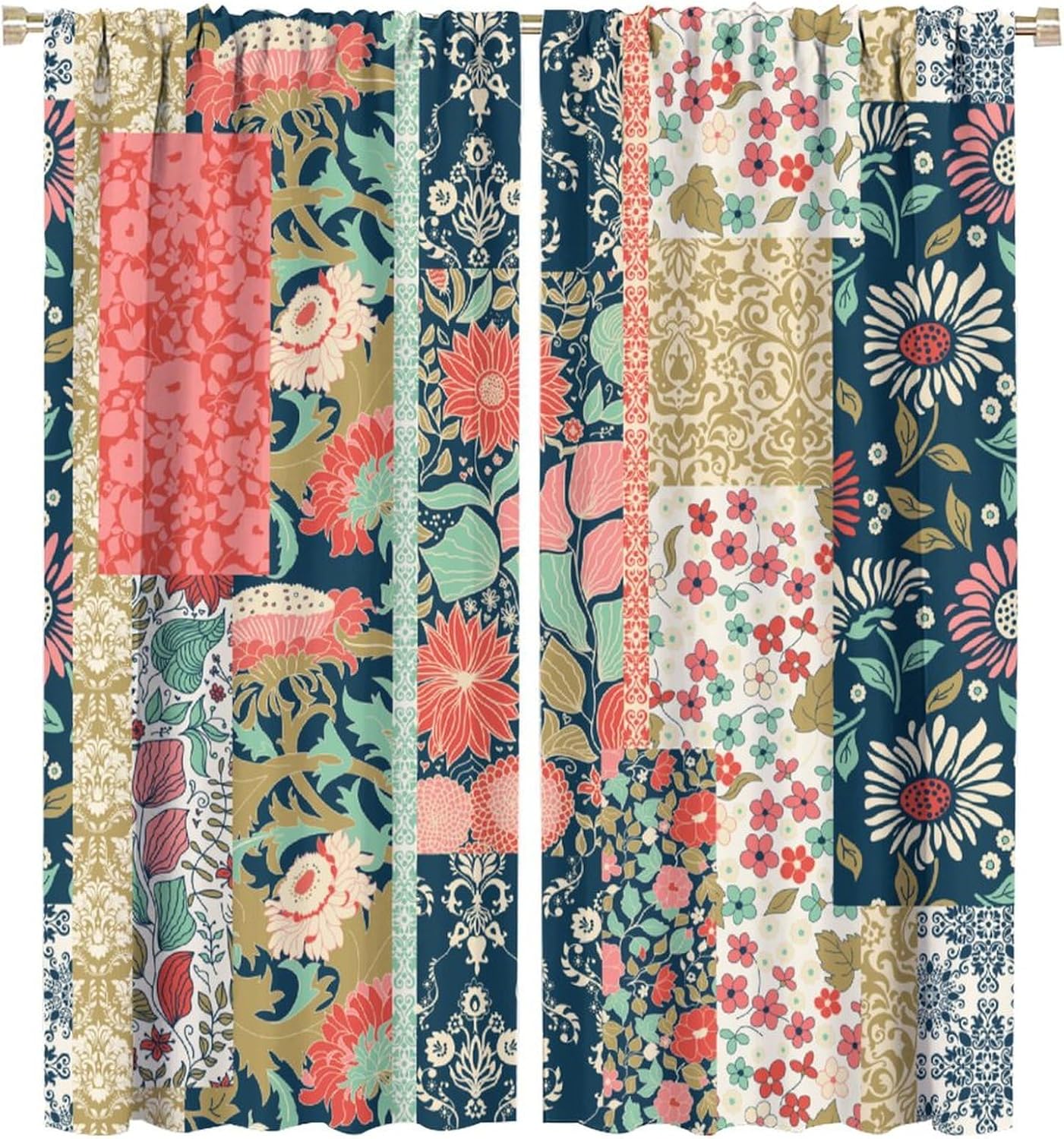 Home Office England - Boho Patchwork Blumen-Vorhänge, Retro England Garten