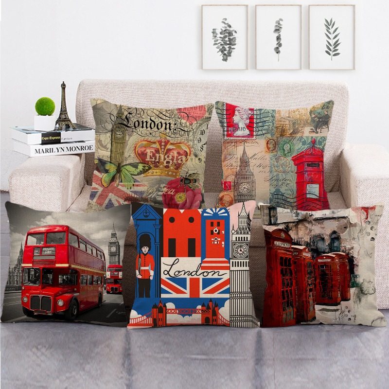 Home Office England - Gemalte Stadtanzen Londoner England. Kurze Plüsch-Kissenbezüge